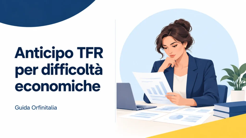 Anticipo TFR per difficoltà economiche: lavoratrice privata esamina documenti alla scrivania
